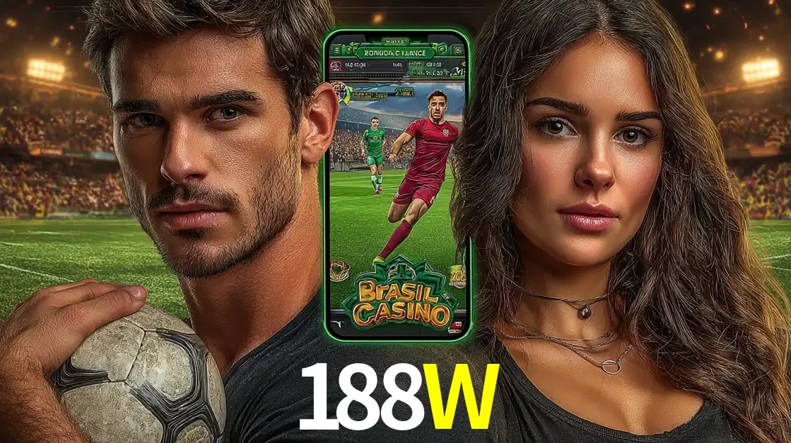 Homem segurando uma bola de futebol e uma mulher ao lado de um smartphone exibindo o jogo de apostas esportivas da 188W. Faça seu palpite no cassino online.
